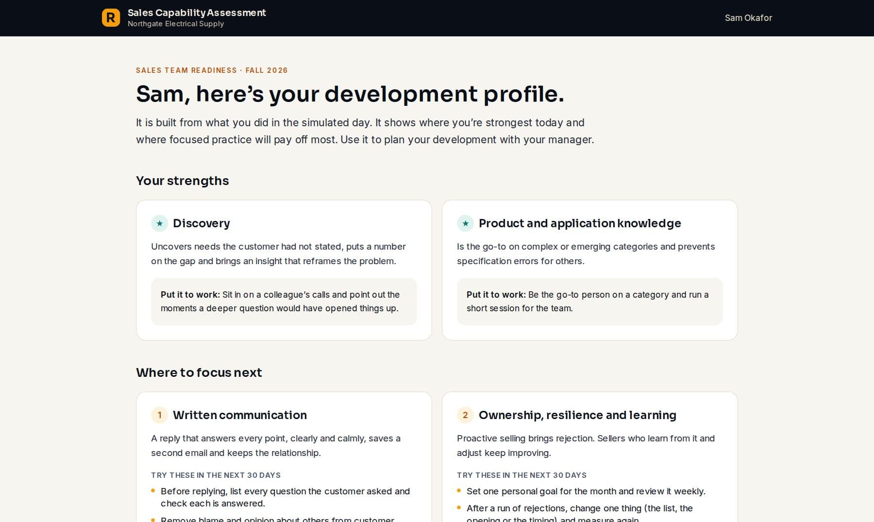 A seller's development profile with strengths and focus areas