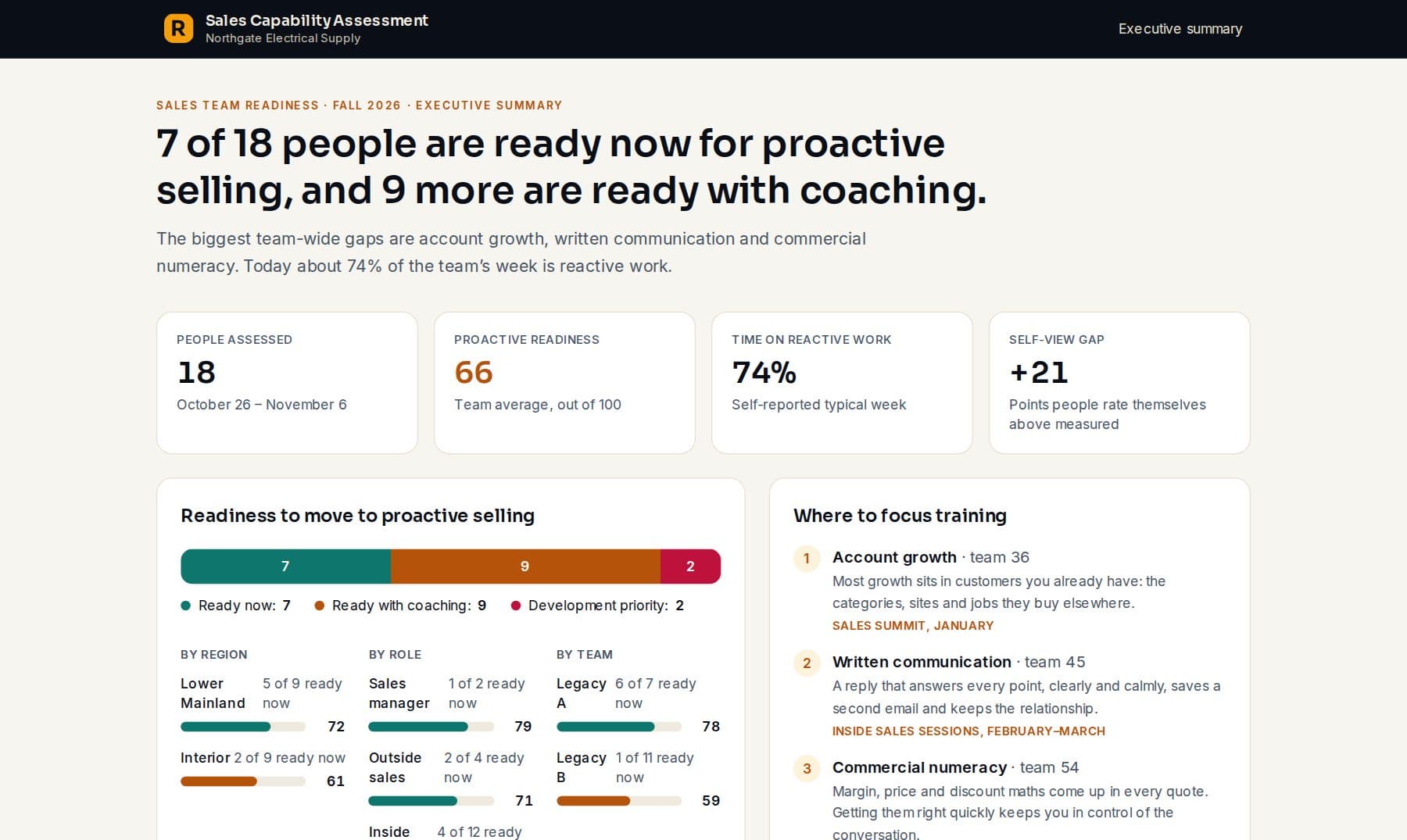 The team executive summary with readiness and training priorities